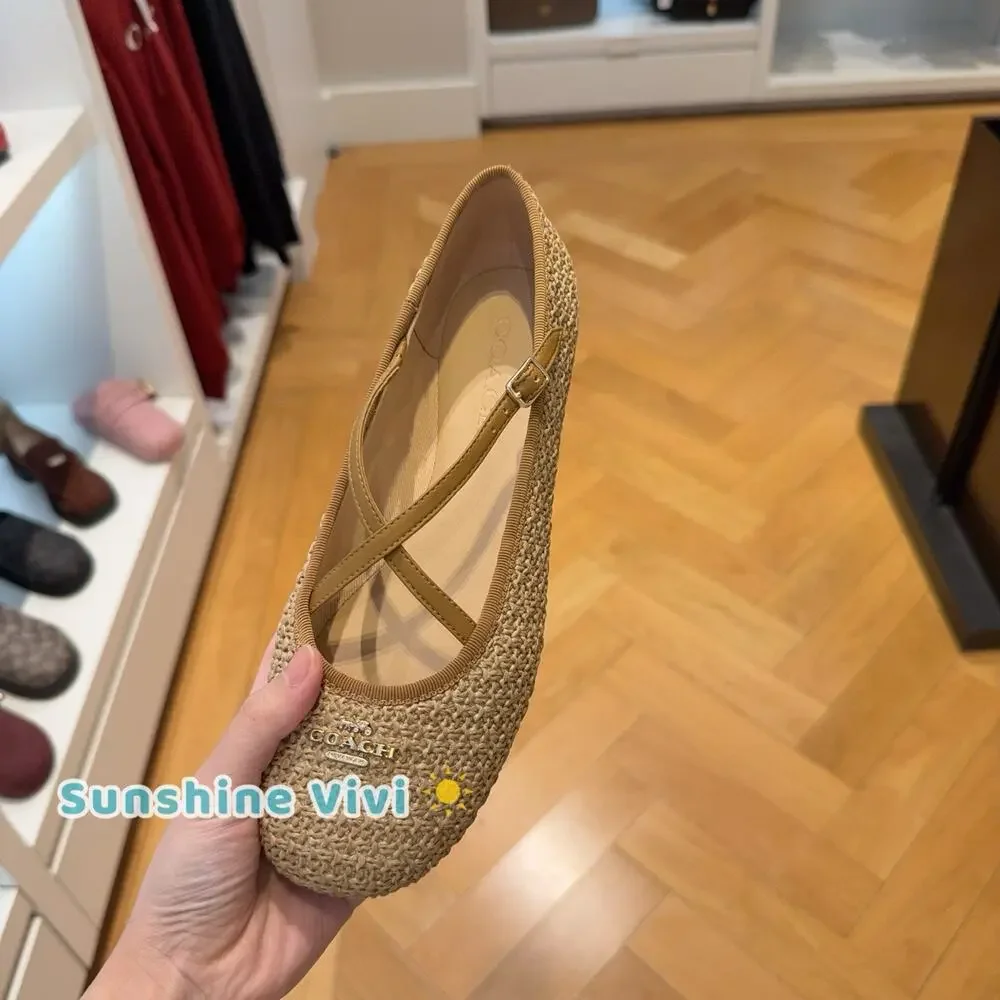 NWT Coach Women Phoebe Ballet Flat Natural CEE75 Raffia us5